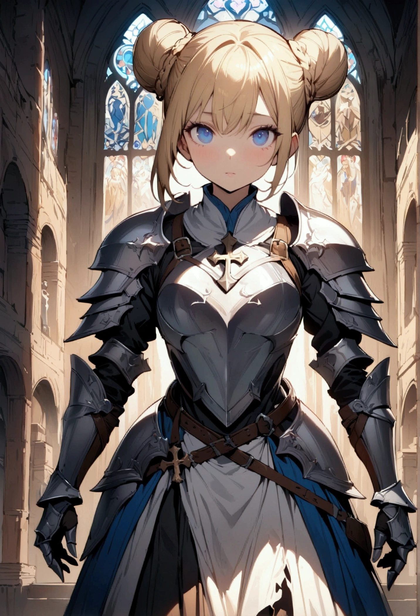 (masterpiece),(best quality),(ultra-detailed),(best illustration),(best shadow),(detailed background), 1girl, white-armor, blonde-hair, blue-eyes, armored-dress, hair-bun, braid, solo, dress, gauntlets boots, cross, knight, stained-glass, skirt. single-hair-bun, standing, fantasy, full-armor, short-hair, breastplate, torn-clothes, double-bun, belt, looking at the viewer