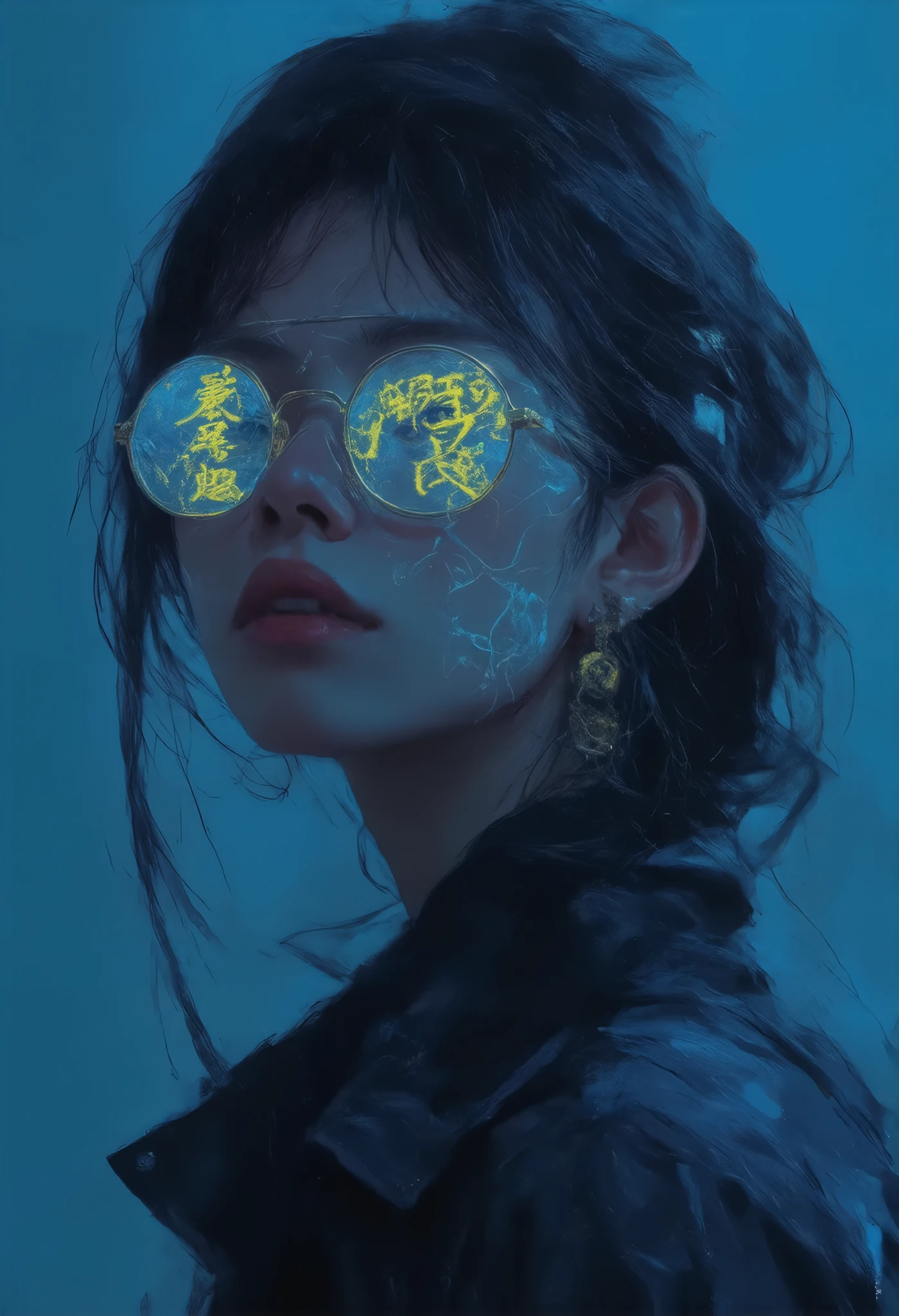  Photorealistic image, (4k), depth of field, ( masterpiece ), ( realistic skin texture ),  style, intricate,  hyper detailed ,  High resolution,  professional photography , bokeh, depth of field, Sharp detail,  better quality ,  looking at the lunar spectator ,  a girl,alone,The image shows an  ** very close up **  of a young woman illuminated by  **electric blues**,  tones with circular glasses that reflect Chinese characters  **neon yellow **.  On her skin there are luminous glyphs that merge with light ,  evoking a futuristic environment .  Her penetrating gaze and small metallic earrings complete a  **cyberpunk**,  style where technology and symbolism are intertwined in an atmosphere charged with mystery and energy.