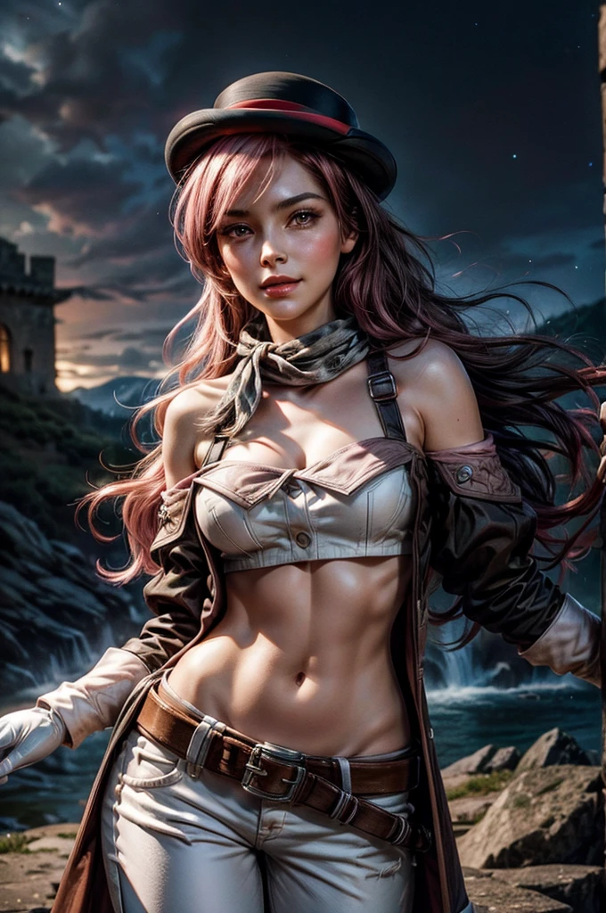 pink and brown hair, multicolored hair, neopolitanatlas, bowler hat, grey scarf, white gloves, white shirt, off-shoulder shirt, black sleeves, midriff, white belt, white pants, smile, nighttime, stars, standing in castle ruins on a hill, waterfall in the background, cowboy shot, masterpiece, heart shaped face, elegant face, beautiful face, highly detailed face, highly detailed skin, skin pores, subsurface scattering, realistic pupils, looking at viewer, full lips, detailed background, depth of field, atmospheric perspective, volumetric lighting, sharp focus, absurdres, realistic proportions, good anatomy, (realistic, hyperrealistic:1.4), 16k hdr,