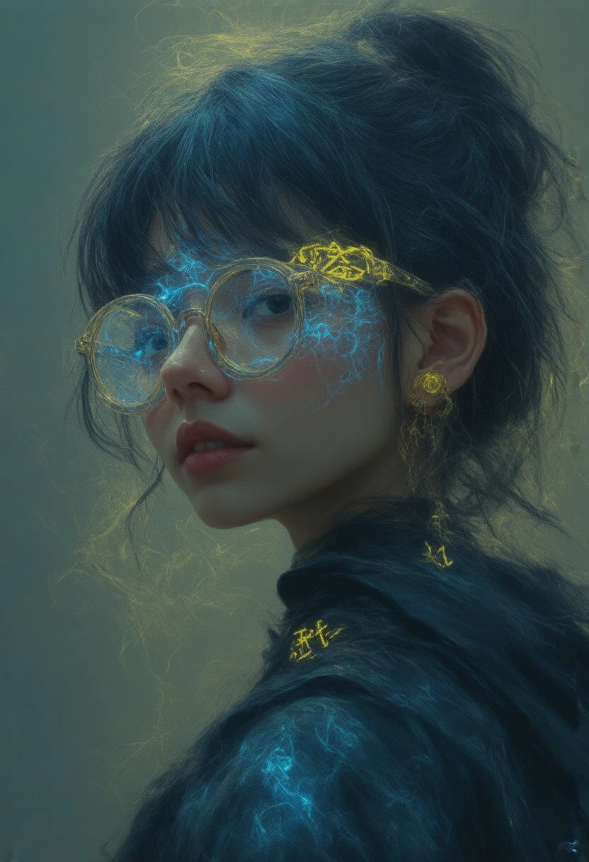  Photorealistic image, (4k), depth of field, ( masterpiece ), ( realistic skin texture ),  style, intricate,  hyper detailed ,  High resolution,  professional photography , bokeh, depth of field, Sharp detail,  better quality ,  looking at the lunar spectator ,  a girl,alone,The image shows an  ** very close up **  of a young woman illuminated by  **electric blues**,  tones with circular glasses that reflect Chinese characters  **neon yellow **.  On her skin there are luminous glyphs that merge with light ,  evoking a futuristic environment .  Her penetrating gaze and small metallic earrings complete a  **cyberpunk**,  style where technology and symbolism are intertwined in an atmosphere charged with mystery and energy.