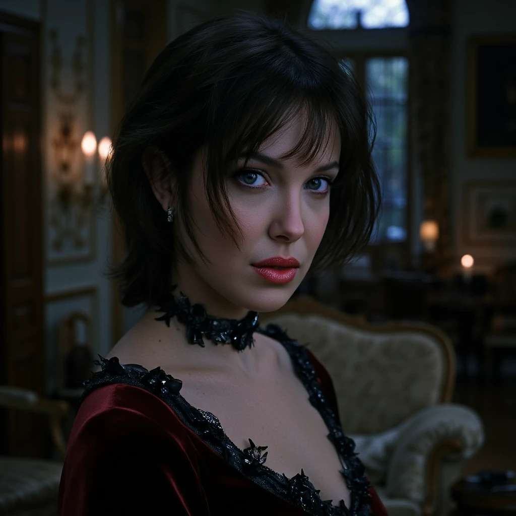 A close-up portrait of a young woman with jet-black, short, sharp-textured hair styled in dramatic, angular layers. She is dressed in a luxurious dark red velvet dress with intricate lace details at the collar and sleeves. Her skin is porcelain pale, with a subtle shimmer, and her makeup features dark, smoky eyes and a deep crimson lip. She stands in a dimly lit, abandoned mansion adorned with flickering candles and ornate, decayed furniture. The atmosphere is moody and mysterious, with soft shadows emphasizing the gothic elegance of the scene.