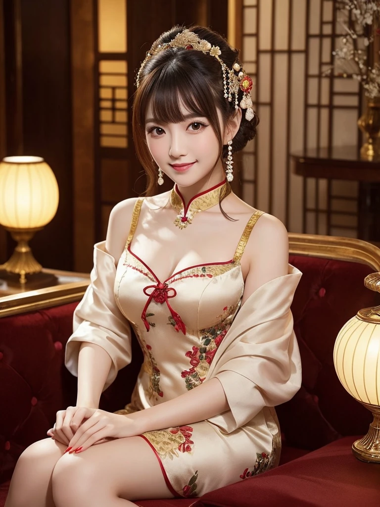 ((top-quality、masutepiece、8K、Top image quality、Highly complex and detailed depictions))、(Describe the upper body of a courtesan:1.5)、Inside a magnificent Chinese garrison、((The most gorgeous prostitute costume、the most luxurious and luxurious、The most luxurious Chinese-style garrison、Luxurious Chinese garrison house that shines red、Full view of the vast interior of the guruhouse in the background、very luxurious chinese architecture、Very complex decoration、Very clear interior of the garrison house))、(View me、Bewitching smile、Perfect makeup、long eyelashes、pink lipsticks、Pink eyeshadows)、(accurate anatomy:1.3)、(accurate and perfect outfit:1.3)、spectacular movie lighting、(Crisp and detailed background:1.3)、soft big breasts