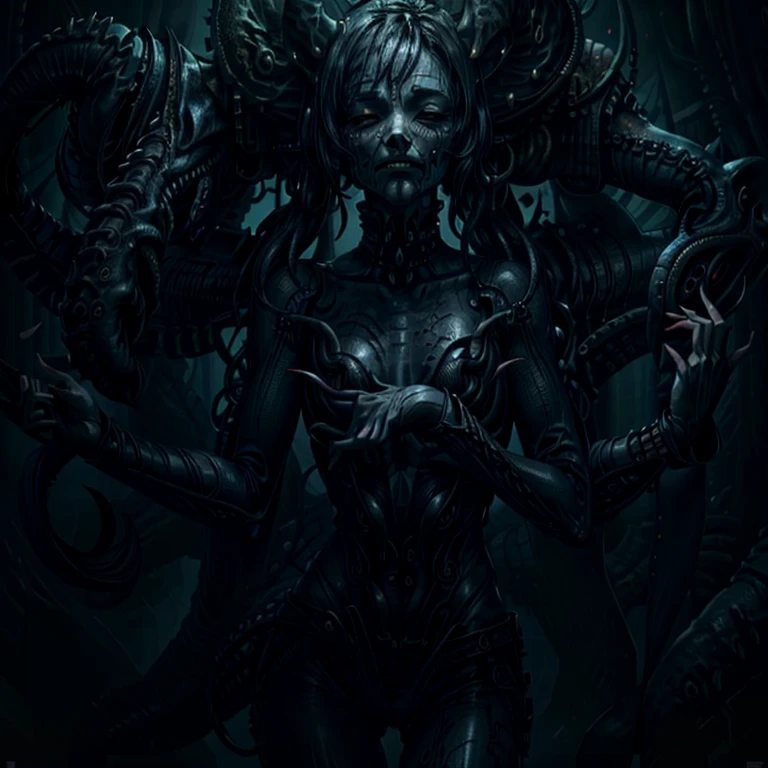 Future Earth. Increased background radiation. A mutated human-woman hybrid with a xenomorph in primitive clothing in the style of Hans Giger. Cinematic lighting.