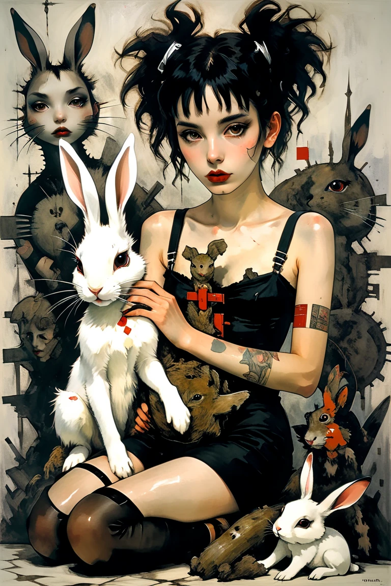 Modernist art, Live-action anime, A girl who loves rabbits, Sitting with a rabbit, Egon Schiele, Emo art, Otherdimensional, Portrait art by Jakub Rebelka、highest quality、Highest quality、painting、