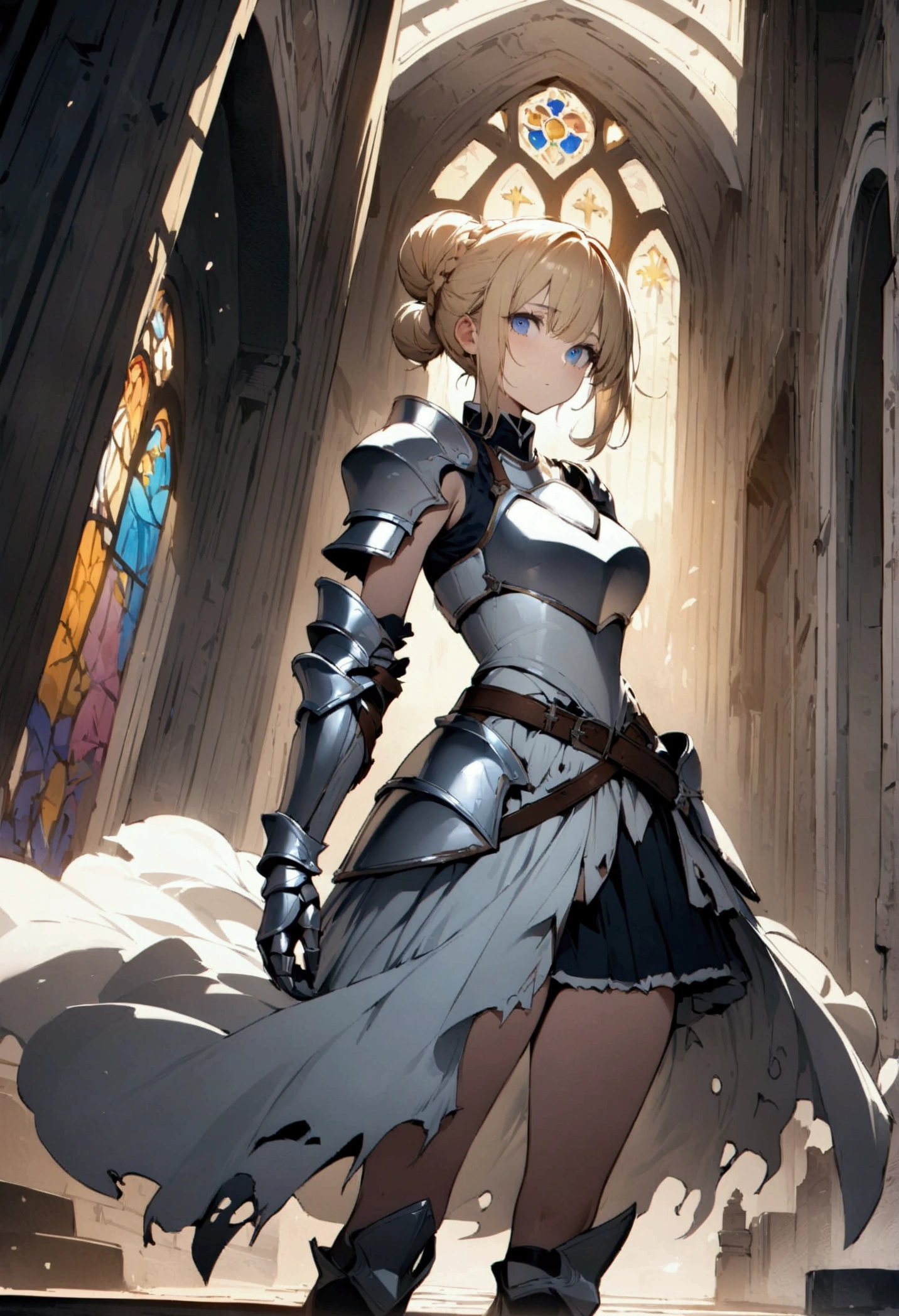 (masterpiece),(best quality),(ultra-detailed),(best illustration),(best shadow),(detailed background), 1girl, white-armor, blonde-hair, blue-eyes, armored-dress, hair-bun, braid, solo, dress, gauntlets boots, cross, knight, stained-glass, skirt. single-hair-bun, standing, fantasy, full-armor, short-hair, breastplate, torn-clothes, double-bun, belt, looking at the viewer
