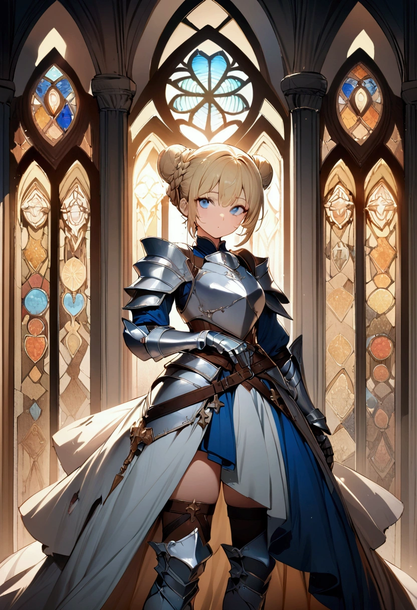 (masterpiece),(best quality),(ultra-detailed),(best illustration),(best shadow),(detailed background), 1girl, white-armor, blonde-hair, blue-eyes, armored-dress, hair-bun, braid, solo, dress, gauntlets boots, cross, knight, stained-glass, skirt. single-hair-bun, standing, fantasy, full-armor, short-hair, breastplate, torn-clothes, double-bun, belt, looking at the viewer
