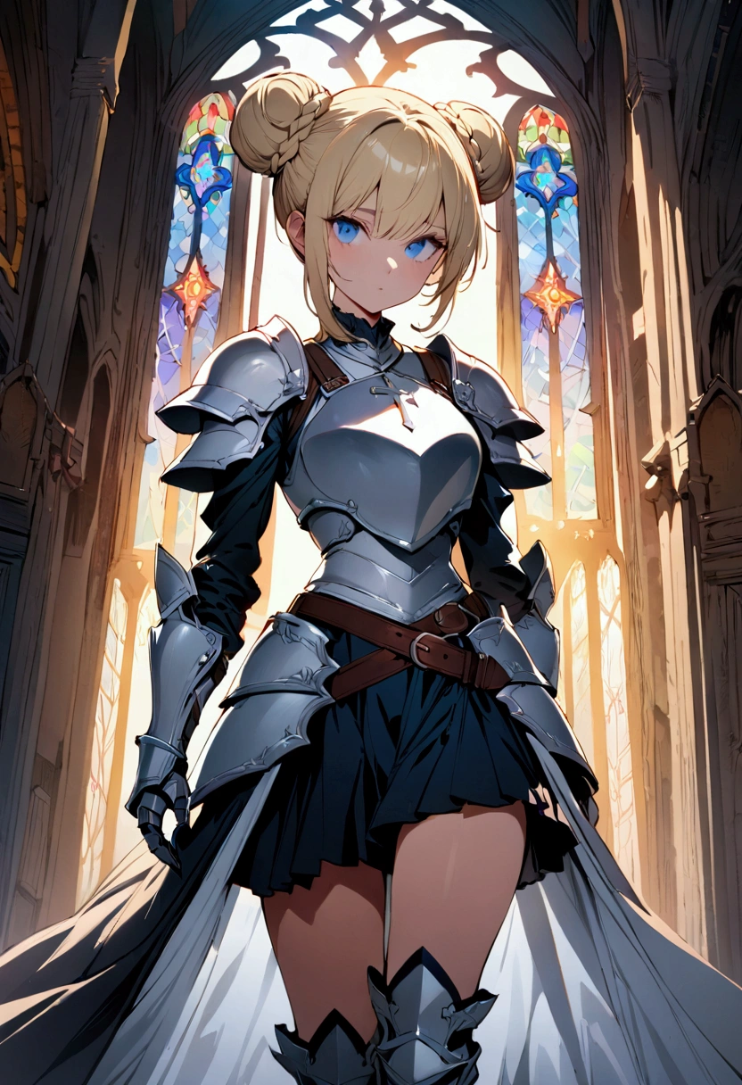 (masterpiece),(best quality),(ultra-detailed),(best illustration),(best shadow),(detailed background), 1girl, white-armor, blonde-hair, blue-eyes, armored-dress, hair-bun, braid, solo, dress, gauntlets boots, cross, knight, stained-glass, skirt. single-hair-bun, standing, fantasy, full-armor, short-hair, breastplate, torn-clothes, double-bun, belt, looking at the viewer
