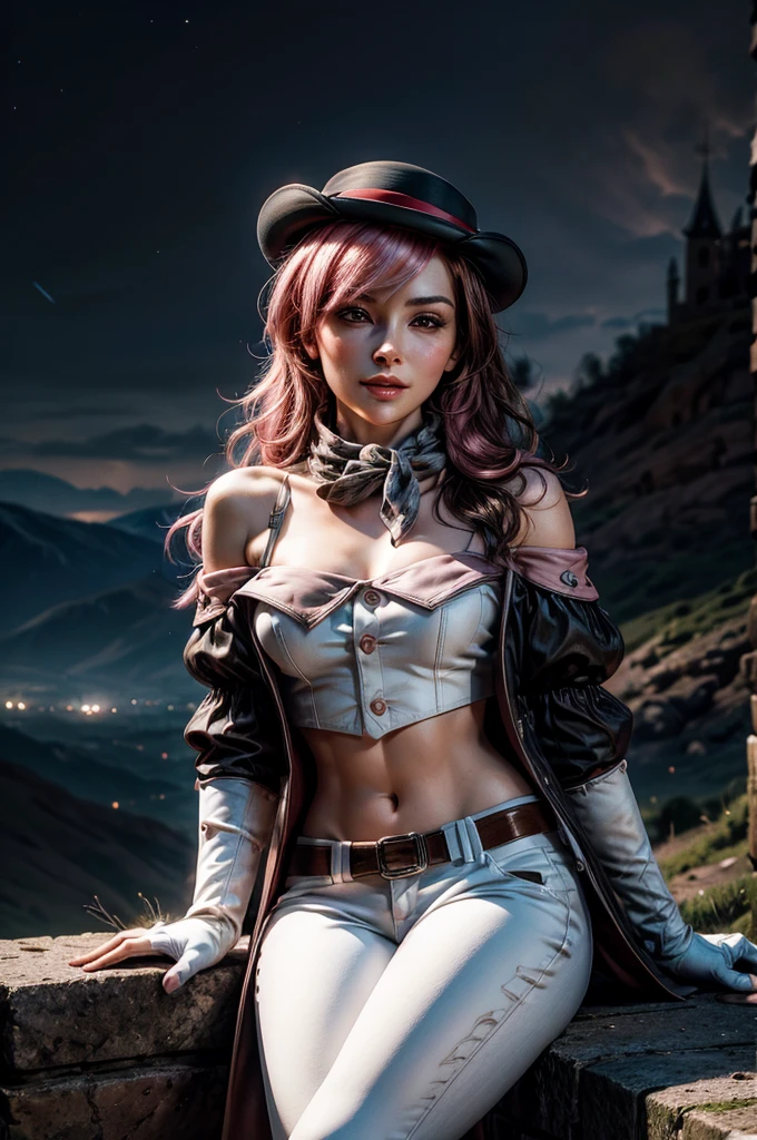 pink and brown hair, multicolored hair, neopolitanatlas, bowler hat, grey scarf, white gloves, white shirt, off-shoulder shirt, black sleeves, midriff, white belt, white pants, smile, nighttime, stars, sitting in castle ruins on a hill, waterfall in the background, cowboy shot, masterpiece, heart shaped face, elegant face, beautiful face, highly detailed face, highly detailed skin, skin pores, subsurface scattering, realistic pupils, looking at viewer, full lips, detailed background, depth of field, atmospheric perspective, volumetric lighting, sharp focus, absurdres, realistic proportions, good anatomy, (realistic, hyperrealistic:1.4), 16k hdr,