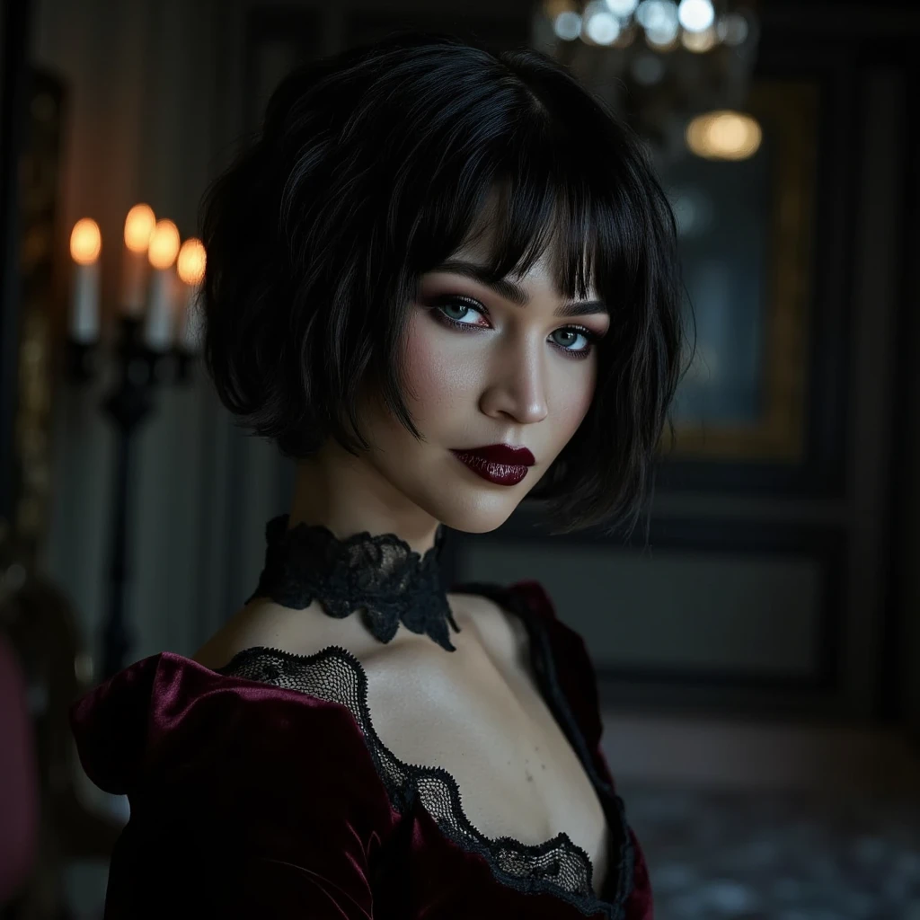 A close-up portrait of a young woman with jet-black, short, sharp-textured hair styled in dramatic, angular layers. She is dressed in a luxurious dark red velvet dress with intricate lace details at the collar and sleeves. Her skin is porcelain pale, with a subtle shimmer, and her makeup features dark, smoky eyes and a deep crimson lip. She stands in a dimly lit, abandoned mansion adorned with flickering candles and ornate, decayed furniture. The atmosphere is moody and mysterious, with soft shadows emphasizing the gothic elegance of the scene.