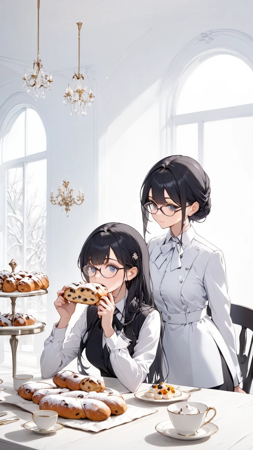 Black hair, glasses, formal clothes, table, stollen on the table, girl eating stollen