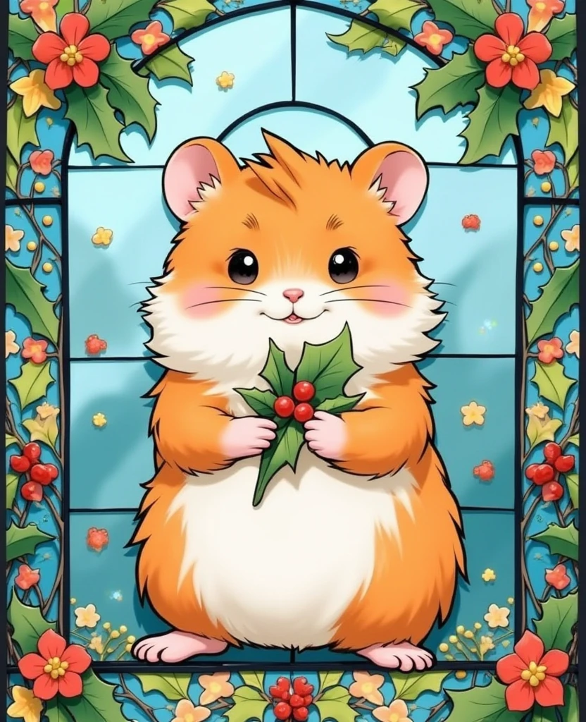 This image showcases a cute, Kawaii-style hamster depicted in a stained glass-like design. The hamster has a fluffy coat with orange and white colors, and it is holding a sprig of holly. The vibrant background features blue and green hues, along with decorations that resemble flowers and lights. The overall aesthetic is playful and charming, capturing the essence of Kawaii art. The hamster's big eyes and round face add to its adorable appearance, making it a delightful centerpiece in this colorful design.