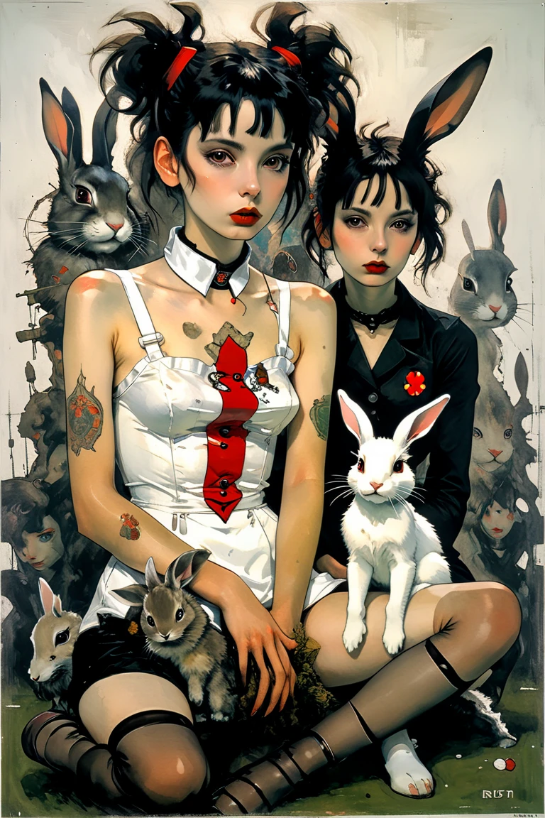 Modernist art, Live-action anime, A girl who loves rabbits, Sitting with a rabbit, Egon Schiele, Emo art, Otherdimensional, Portrait art by Jakub Rebelka、highest quality、Highest quality、painting、