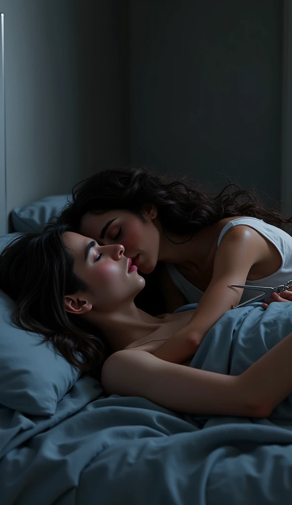 A young couple embracing in a dimly lit atmospheric bedroom setting, The lighting is soft and moody with hints of blue and purple hues, The couple s faces are partially obscured conveying a sense of intimacy and longing, The background is blurred creating a dreamlike introspective atmosphere, The overall aesthetic is romantic melancholic and sensual reflecting the emotional tone of the song, Style Cinematic atmospheric lush nocturnal introspective melancholic romantic sensual