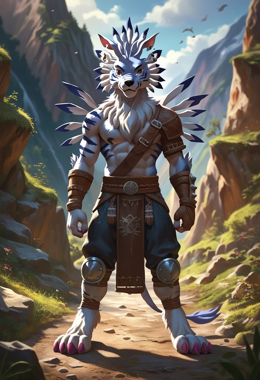 score_9, score_8_up, score_7_up, Alone, Full body, Front view, Weregarurumon, male, fighter, Furry with mane, stands, clear detailed eyes, smiles, detailed face, looks at the viewer, nature, very detailed fur, in the high mountains, highest quality, very detailed, very detailed background