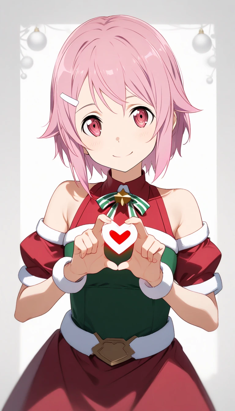 Lisbeth, sword art online,  short hair,  pink hair,  Christmas costume , Making a heart with your fingers, smile,  front view. half body. 