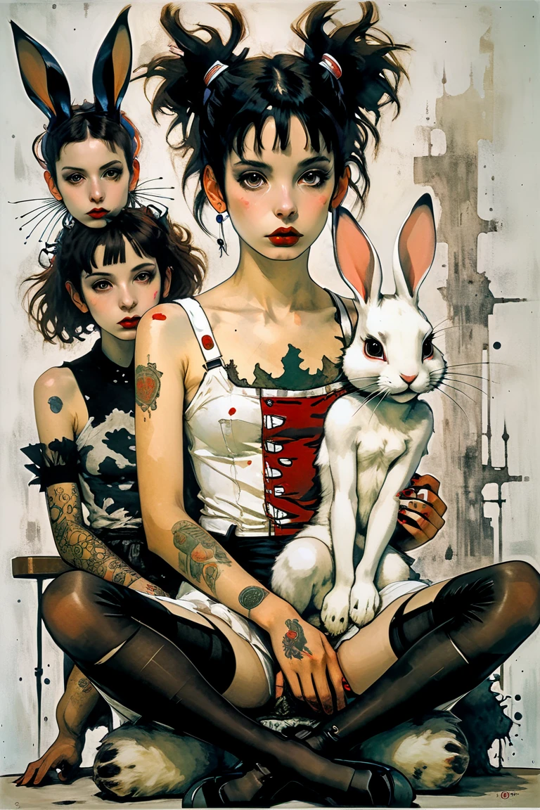 Modernist cartel art, Live-action anime, A girl who loves rabbits, Sitting with a rabbit, Egon Schiele, Emo art, Otherdimensional, Portrait art by Jakub Rebelka、highest quality、Highest quality、painting、