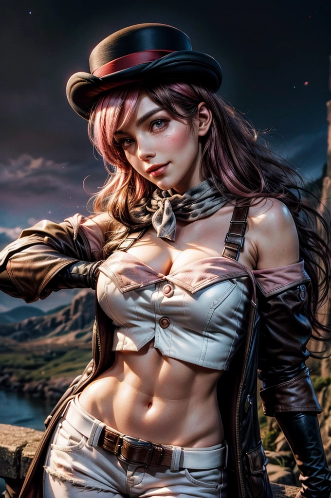 pink and brown hair, multicolored hair, neopolitanatlas, bowler hat, grey scarf, white gloves, white shirt, off-shoulder shirt, black sleeves, midriff, white belt, white pants, smile, nighttime, stars, standing on a hill, waterfall in the background, cowboy shot, masterpiece, heart shaped face, elegant face, beautiful face, highly detailed face, highly detailed skin, skin pores, subsurface scattering, realistic pupils, looking at viewer, full lips, detailed background, depth of field, atmospheric perspective, volumetric lighting, sharp focus, absurdres, realistic proportions, good anatomy, (realistic, hyperrealistic:1.4), 16k hdr,