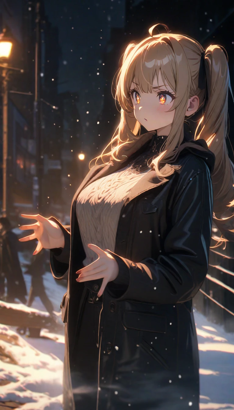 Starry Eyes,  Immortal , Ahoge, hair, Star-shaped pupil,  Amber Eyes ,   Colored Contact Lenses , ,  high detail, Anime, Romanticism, 【Contemporary, Gothic art, Anime style,  movie lighting,  ray tracing , Motion Ry, close-up,  Sony FEGM ,  super high resolution,  high detail,  top quality, 8k, Big Breasts, light brown hair,  have ,  twin tails,  fingers, Well-formed fingers, Long jacket, ribbon, mystery, knitted  have , snow, anger, impatience