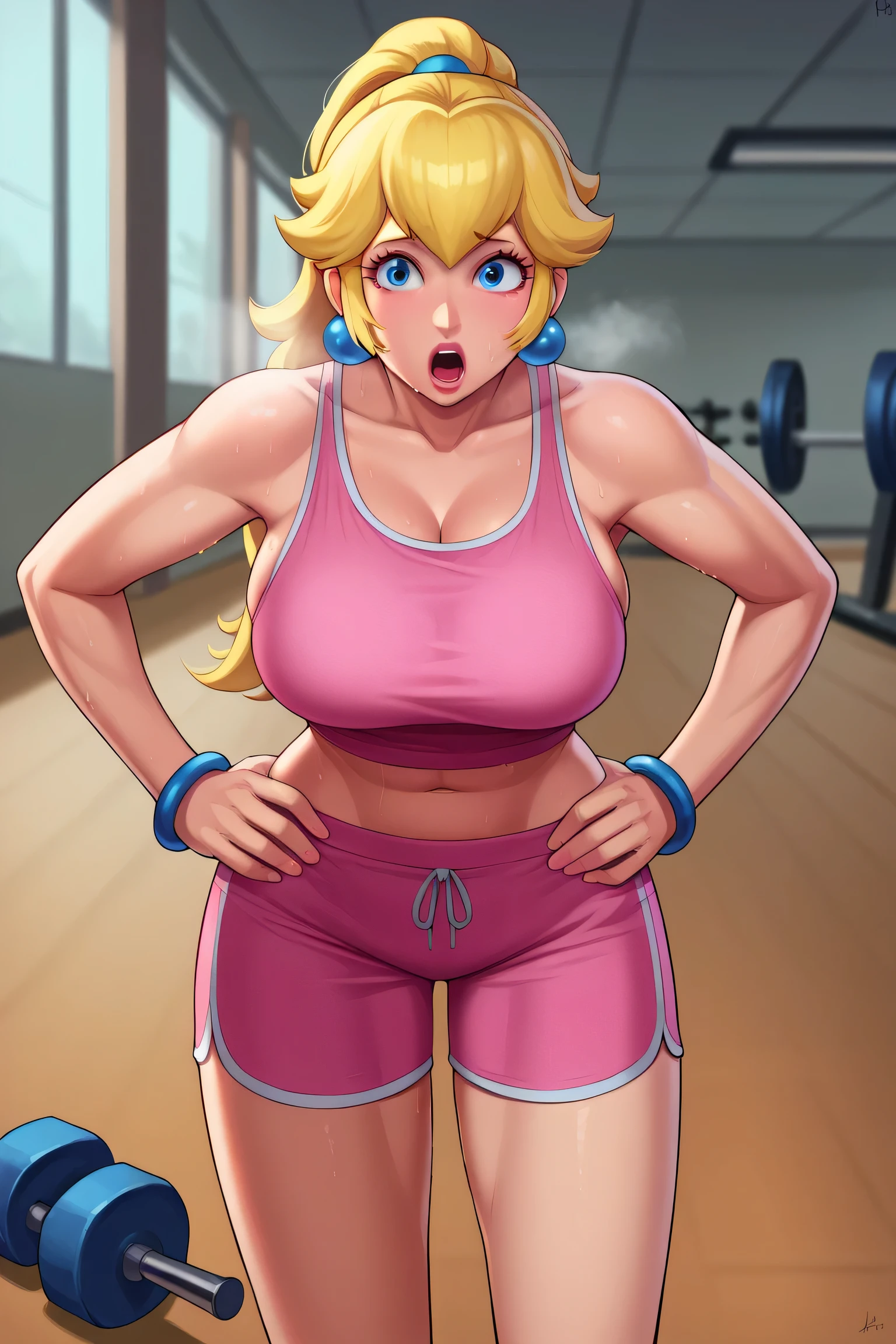 score_9, score_8_up, score_7_up, BREAK, 1girl, solo, princess peach, 1girl, solo, , blonde hair, ponytail, jewelry, bracelet, makeup, casual, cowboy shot, blue eyes, looking at the viewer, large breasts, hands on hips, pink tanktop, sweaty, pink shorts, sweating profusely, open mouth, exhausted, heavy breathing, puddle of sweat on the ground, steam coming out her mouth, gym, indoors, she wears pink shoes,