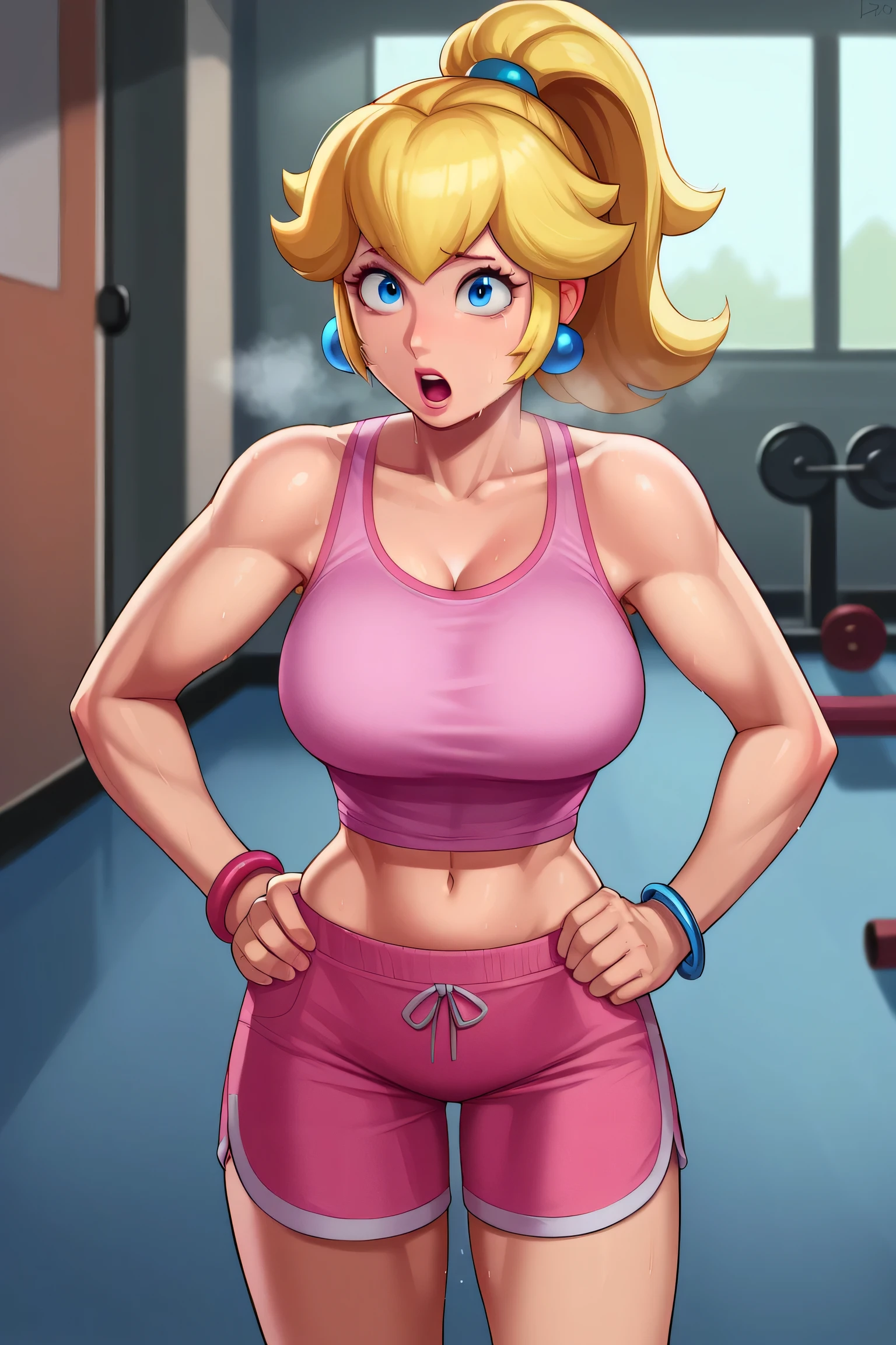 score_9, score_8_up, score_7_up, BREAK, 1girl, solo, princess peach, 1girl, solo, , blonde hair, ponytail, jewelry, bracelet, makeup, casual, cowboy shot, blue eyes, looking at the viewer, large breasts, hands on hips, pink tanktop, sweaty, pink shorts, sweating profusely, open mouth, exhausted, heavy breathing, puddle of sweat on the ground, steam coming out her mouth, gym, indoors, she wears pink shoes,