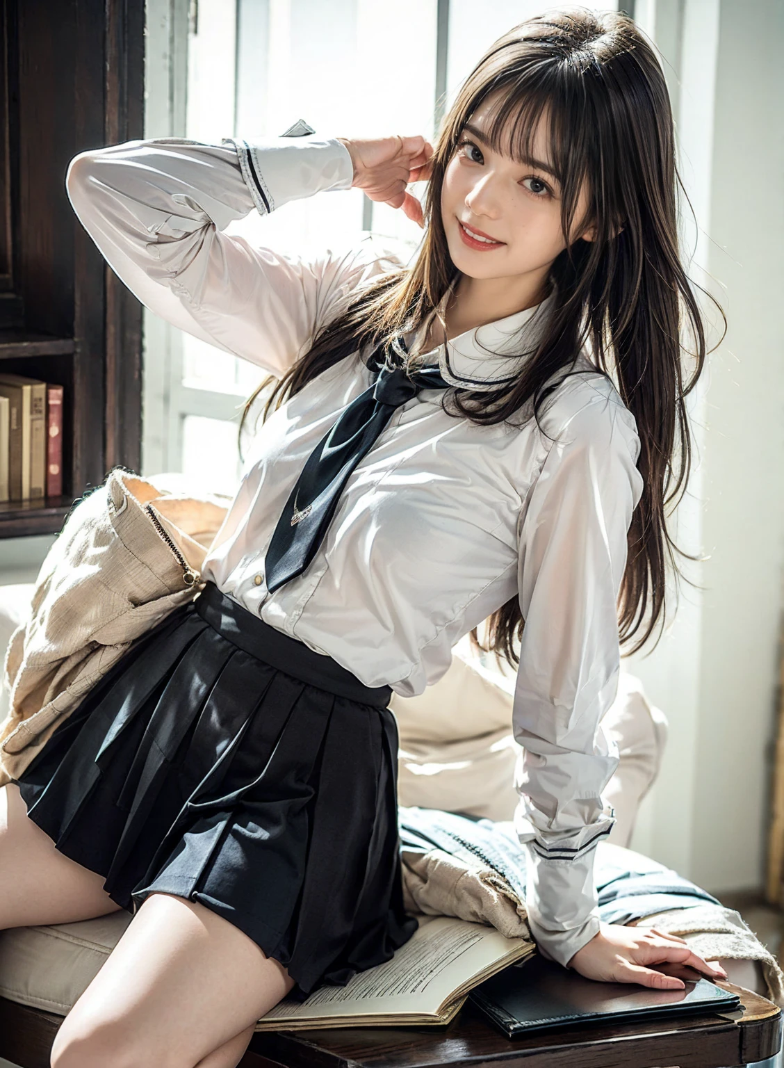 (Raw photography:1.2)、(Photorealsitic:1.4)、a beautiful detailed girl、facial expression of smile、Show off panties、Show off your panties、pantyshot、extremely detailed eye and face、beatiful detailed eyes、ultra-detailliert、hight resolution、ighly detailed、top-quality、masterpiece、(Japanese girls' high school uniform))、17 years old girl、front facing、((dynamicposes)))、(camel's toe)、(half)、(Sit on the stairs with your knees bent))、pleatedskirt、blazers、back-view