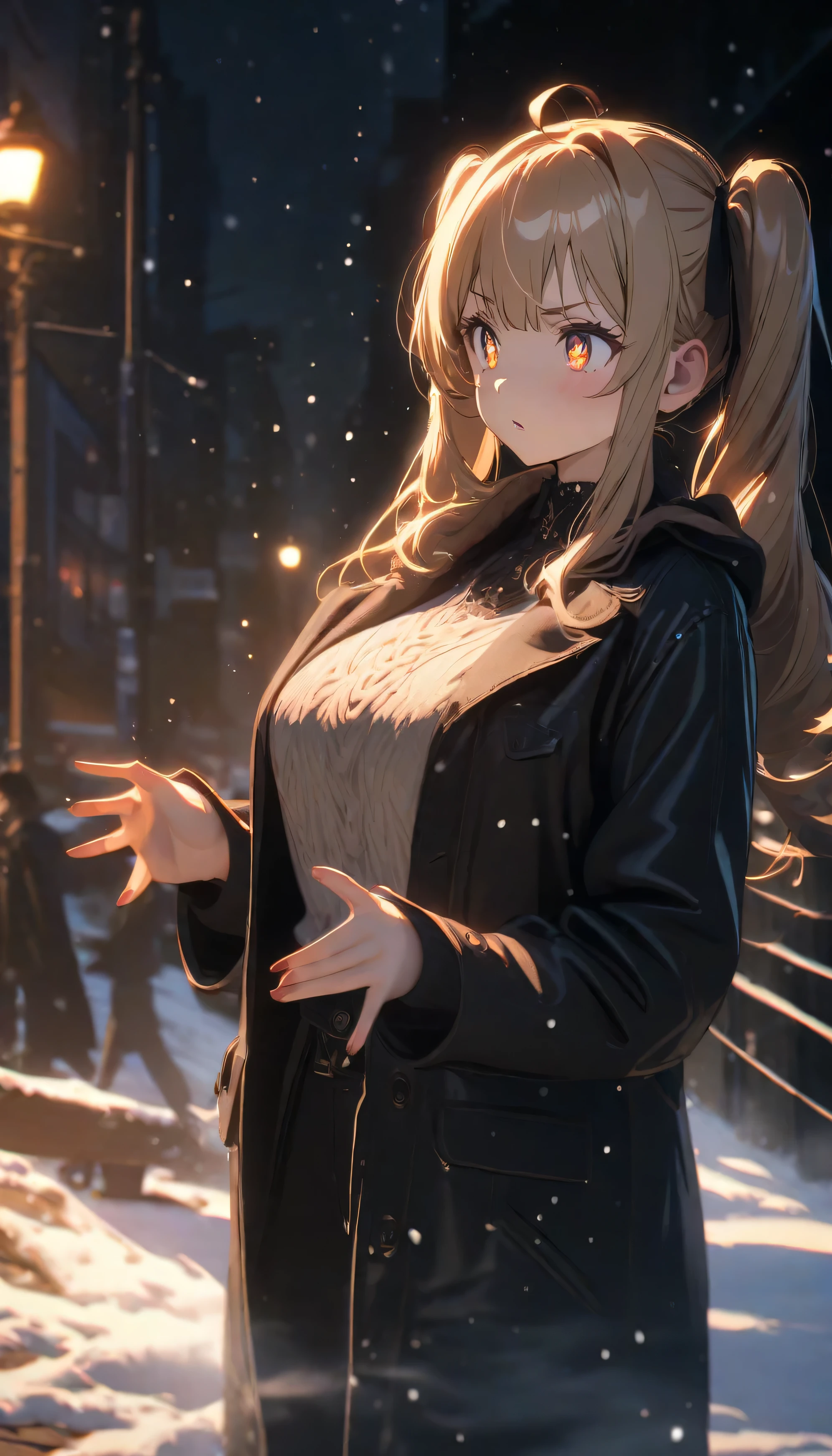 Starry Eyes,  Immortal , Ahoge, hair, Star-shaped pupil,  Amber Eyes ,   Colored Contact Lenses , ,  high detail, Anime, Romanticism, 【Contemporary, Gothic art, Anime style,  movie lighting,  ray tracing , Motion Ry, close-up,  Sony FEGM ,  super high resolution,  high detail,  top quality, 8k, Big Breasts, light brown hair,  have ,  twin tails,  fingers, Well-formed fingers, Long jacket, ribbon, mystery, knitted  have , snow, anger, impatience