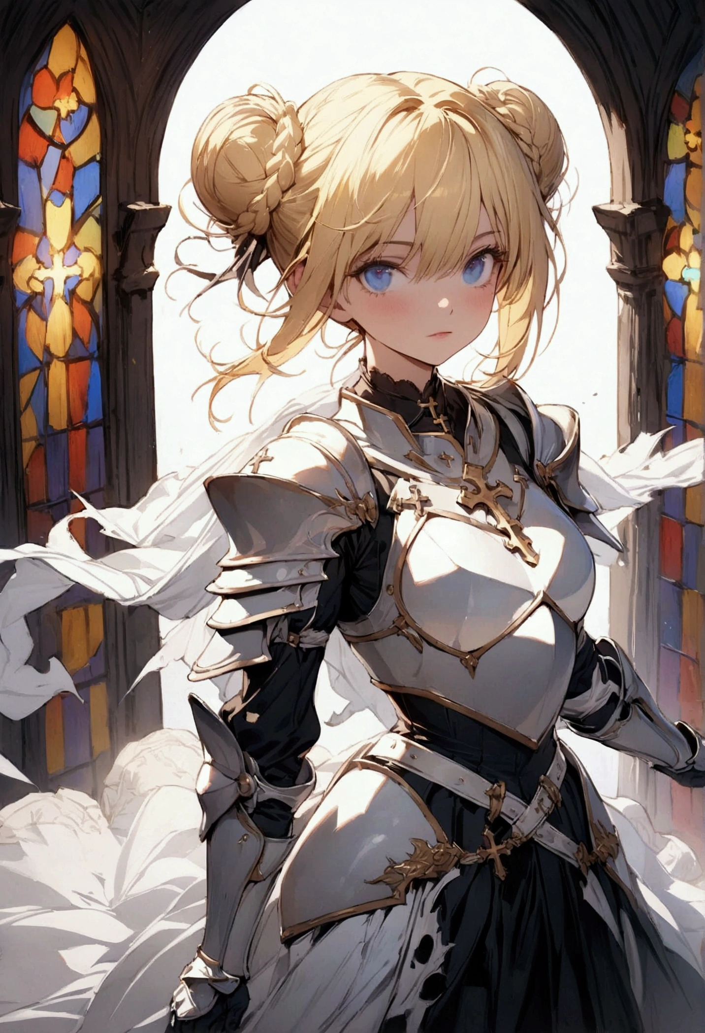 (masterpiece),(best quality),(ultra-detailed),(best illustration),(best shadow),(detailed background), 1girl, white-armor, blonde-hair, blue-eyes, armored-dress, hair-bun, braid, solo, dress, gauntlets boots, cross, knight, stained-glass, skirt. single-hair-bun, standing, fantasy, full-armor, short-hair, breastplate, torn-clothes, double-bun, belt, looking at the viewer
