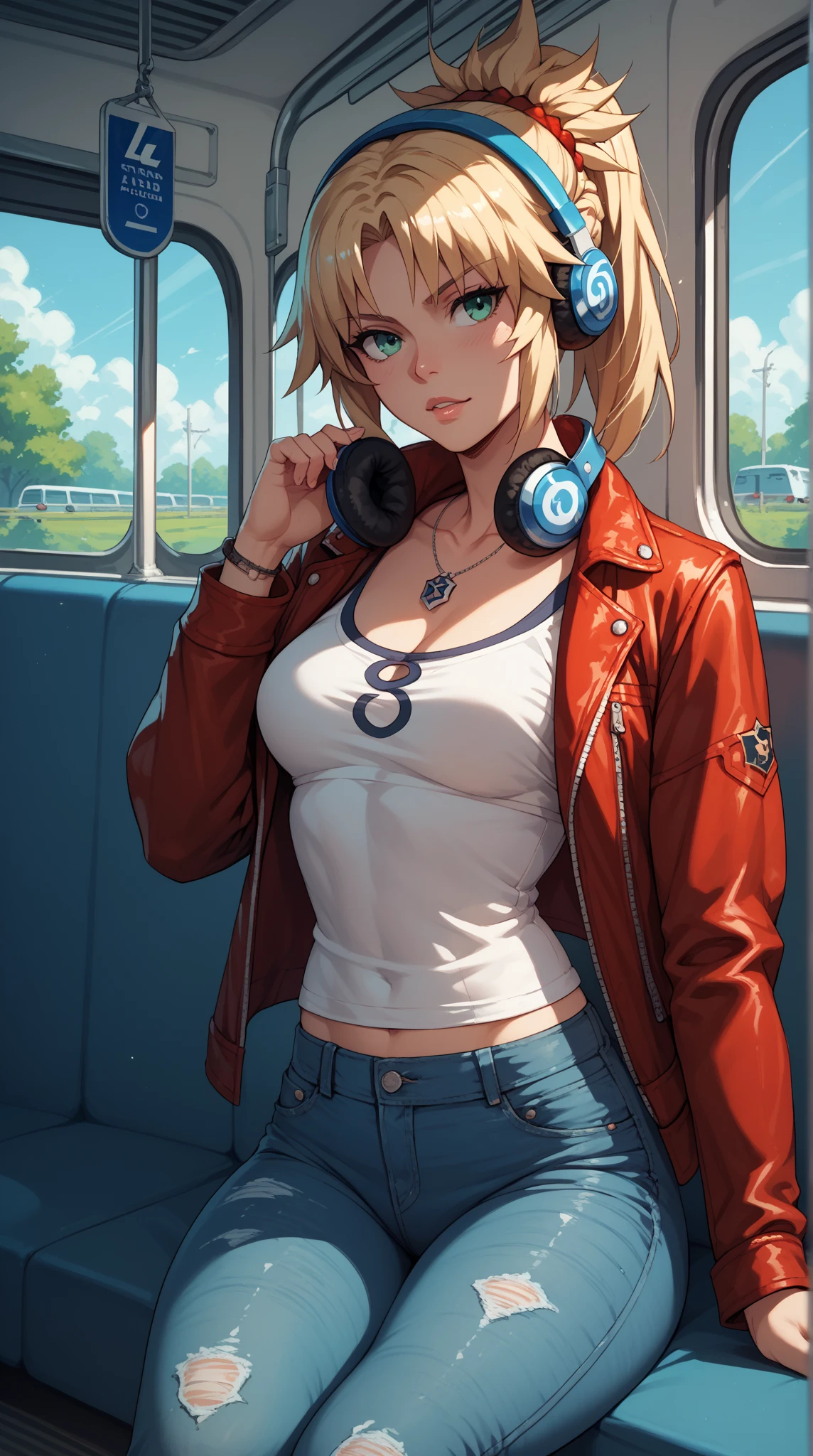 Mordred from fate, Jeans, Jacket, Headphones,in a Train