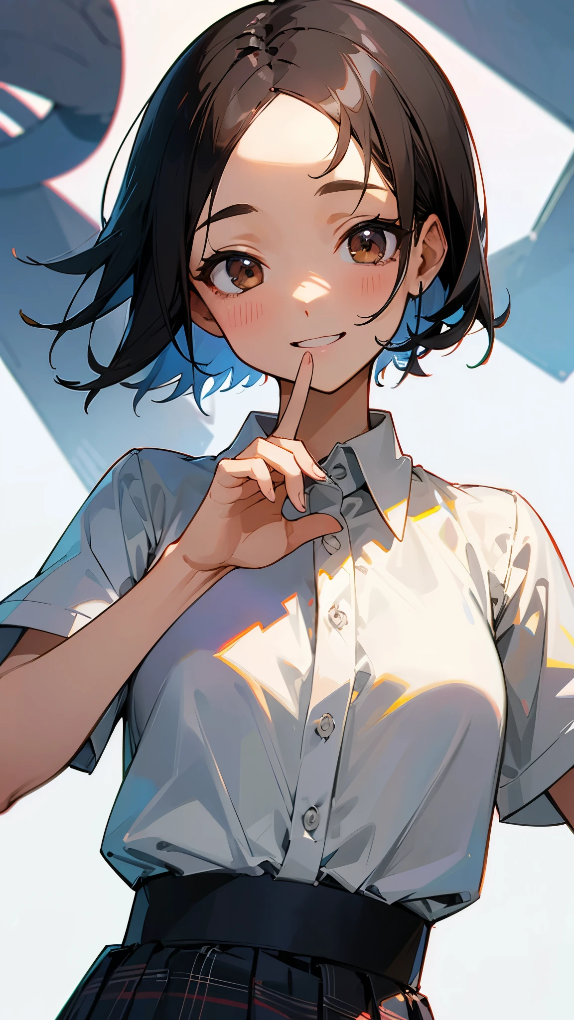One personの女の子、One person、 shiny black hair 、 shorthair、 stick out your forehead、Beautiful brown eyes、white short sleeve blouse shirt、 Plaid Pleated Skirt、 upper body closeup、彼氏に会ったときの私の外見はI really like it、I really like it、smile