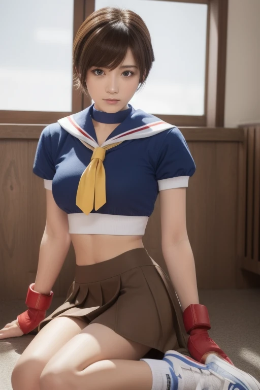 sakurakasugano, sakura kasugano, (brown eyes:1.7), brown hair, short hair,
BREAK ankle socks, blue skirt, crop top, headband, midriff, miniskirt, navel, sailor collar, school uniform, shoes, short sleeves, skirt, sneakers, socks, stomach, shirt, white shirt, white headband, gloves, red gloves,
BREAK indoors, classroom,
BREAK cowboy shot, looking at viewer,
BREAK (masterpiece:1.2), best quality, high resolution, unity 8k wallpaper, (illustration:0.8), (beautiful detailed eyes:1.6), extremely detailed face, perfect lighting, extremely detailed CG, (perfect hands, perfect anatomy),