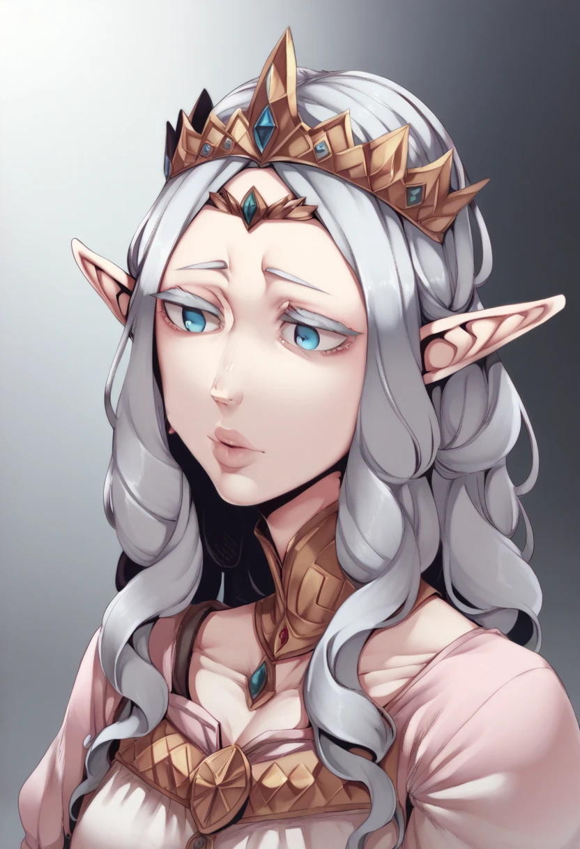 Nakamura regura style, Young face, elf ears, blue eyes, curly white hair, full lips , tiara, gold belt ,Pink shirt, white dress, medieval clothing ,Shorty,  Silver hair ,Girl alone 