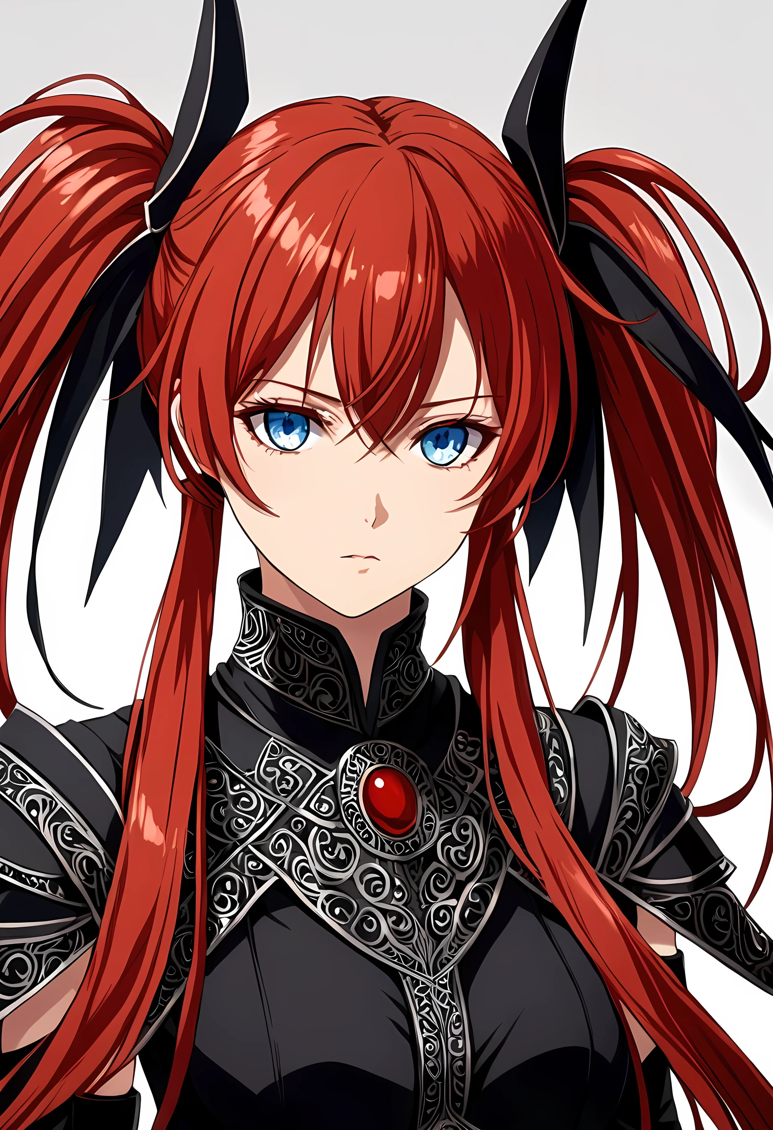 Only face to be shown, beautiful anime woman, red hair, long twintails, wearing dark light warrior costume, in her 20s, blue eyes