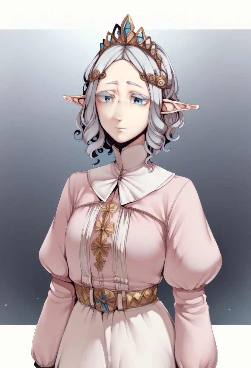 Nakamura regura style, Young face, elf ears, blue eyes, curly white hair, tiara, gold belt ,Pink shirt, white dress, medieval clothing ,Shorty,  Silver hair ,Girl alone ,Small face, 