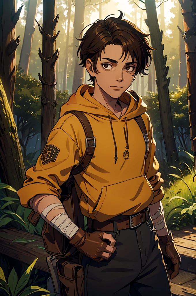 (mejor calidad, Obra maestra), mirando abajo, viento, Partícula, bosque de fondo, parte superior del cuerpo, 1 boy, ((latin skin)), ((brown hair)), (black eyes), (((mustard hoodie))), (bandages on hands), (scar on lip), ((on a forest, woods)), messy hair, rolled up sleeves, (goggles on head), leather gloves, ((baggy eyes)), welder tools, belt, dark circles under the eyes, black jeans, happy, (soft smile)