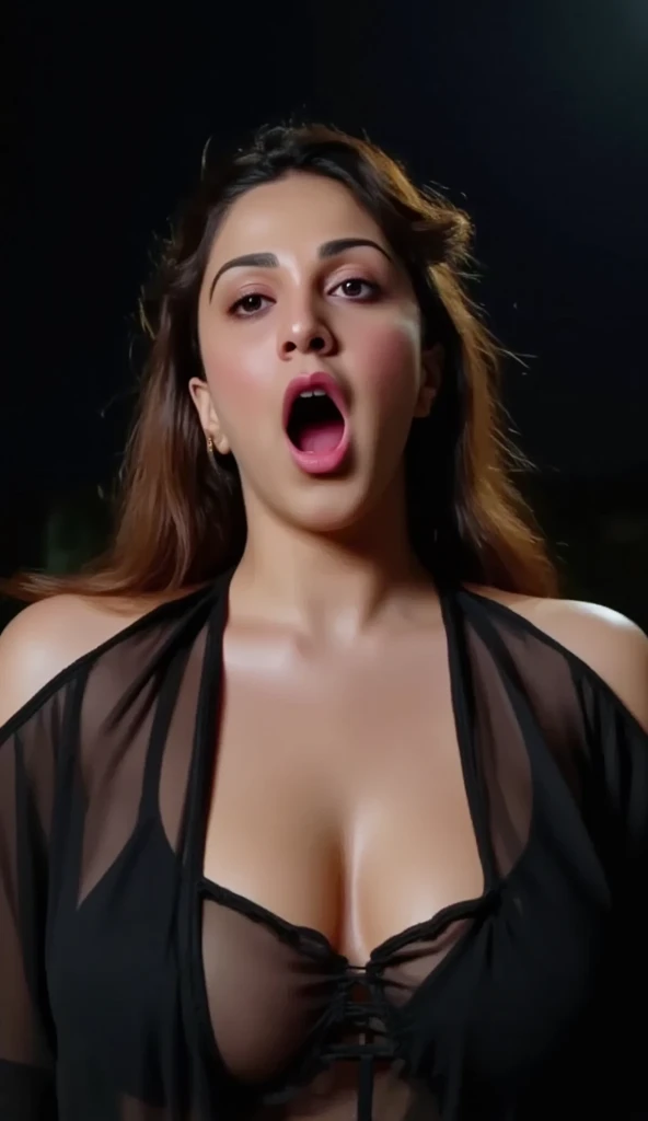 photo of hourglass figure Mature Indian Bengali Aunty with dusky skin, wearing Transparent chiffon strapless sleevless Blouse, showing her large U cut Cleavage,  Both hands streched up above head showing dark hairy armpits,Hair messed up, nice curves, sitting on a hut balcony , sensual, erotic, Dim light in the hut NSFW NIPPLE NUDE uncensored nipples NUDE 