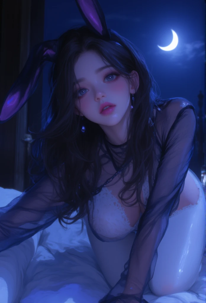 Model: long wavy black hair, full dark lips, Smoky eyes, BREAK, Setting: Room with black light, Broken glass, Crystals reflect light, neon lights, BREAK, bodypaint: Polychromatic geometric patterns, Torso cover, Arms and legs, BREAK, Accessories: Chrome-plated chains with torn body, Silver Choker, black feathered white black wings, Naked, Topless, naked body,BREAK, the pose: on a bed,The head is tilted upwards, looking forward. wolf ears, Wolf.up close