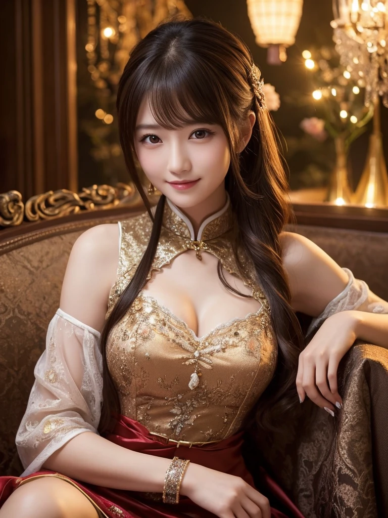 中国の伝統的な柄のサイドスリットが入った Chinese Dress , (( Chinese Dress )),  a very beautiful and well-styled Japanese woman ,  a very beautiful and well-styled Japanese woman  ,Brown eyes,  dark blonde with loose curly hair ,  dark night cabaret with romantic lighting ,  looking here, White false nails , (Mid-chest),  The background is European and gorgeous ,  lighting is dim,  sitting on a luxurious sofa with her hands aligned on her lap , Cute Smile, 