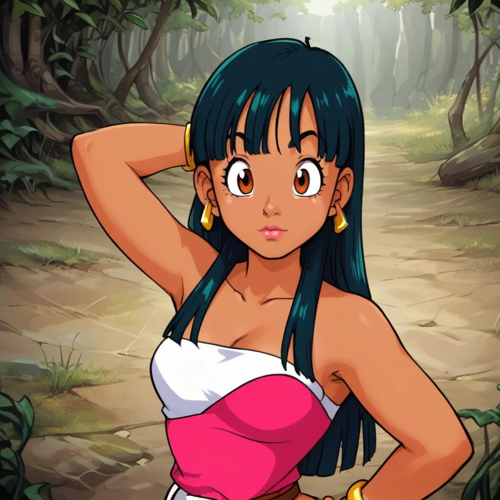   score_9,   score_8_above,   score_7_above, source_anime BREAK  a girl, alone,  cheldorado,  a girl, alone, long hair, breasts, blows,   black hair, belly button,   bare shoulders, jewelry, earrings, Diafragma,   dark skin, blunt blows, bracelet, mujer de   dark skin, Lips,   crop top, hand on hip, strapless, makeabove,   pelvic curtain  , tube top, loincloth,  showing her armpits