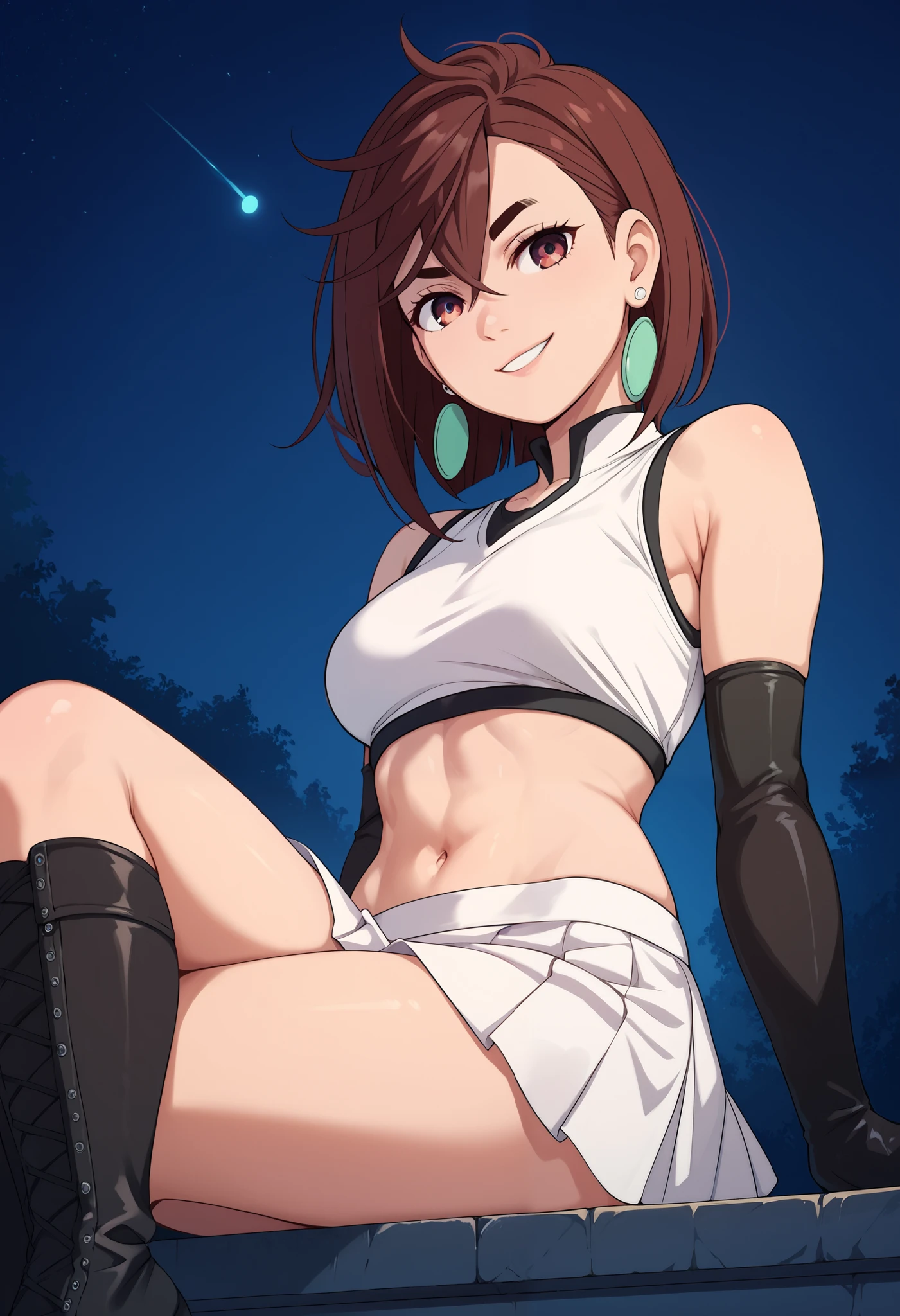 momo ayase, short hair, brown hair, brown eyes, bangs, thick eyebrows, medium breasts, white skirt,white crop top,black thigh-high boots, black elbow gloves, evil smile, sitting down ,legs crossed, night sky background, earrings
