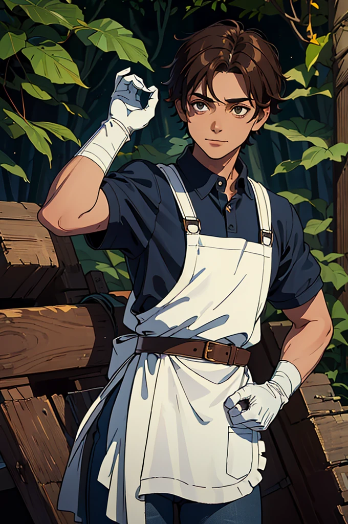 (mejor calidad, Obra maestra), mirando abajo, viento, Partícula, bosque de fondo, parte superior del cuerpo, 1 boy, ((latin skin)), ((brown hair)), (black eyes), (((white apron, blue shirt))), (bandages on hands), (scar on lip), ((on a forest, woods)), messy hair, rolled up sleeves, (goggles on head), leather gloves, ((baggy eyes)), welder tools, belt, dark circles under the eyes, black jeans, happy, (soft smile)