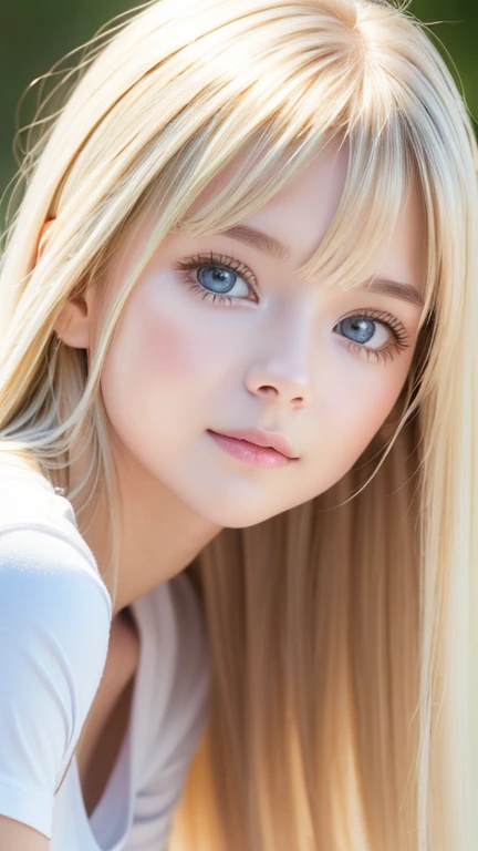  unrivaled beauty 、Extraordinary Blonde Beautiful Girl 、 Beautiful Innocent First 々Shy hood Appearance 、,  Shy Yet Bright Expression 、 lie down、 Shiny, Glowing Firmness and Shiny Skin 、 bangs between eyes、 Shiny Straight Beautiful Bright Platina Blonde、 Super Long Straight Silky Hair 、beautiful 、 Very Vividly Shine and Incredibly Bright Mint Green Big Eyes、Very big eyes、beautiful and lovely cute girl、Baby Face、Short sleeve shirt、Cheek Gloss Highlight Bangs , Blonde,  bangs between eyes,  Very Long Hair ,  hair to hide one eye,  shiny hair, Straight Hair, Hair in the eyes, Too much hair, 