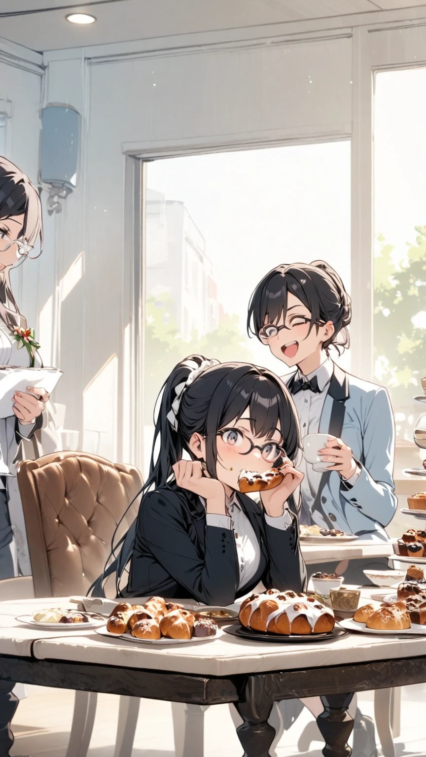 Black hair, glasses, formal clothes, table, stollen on the table, girl eating stollen