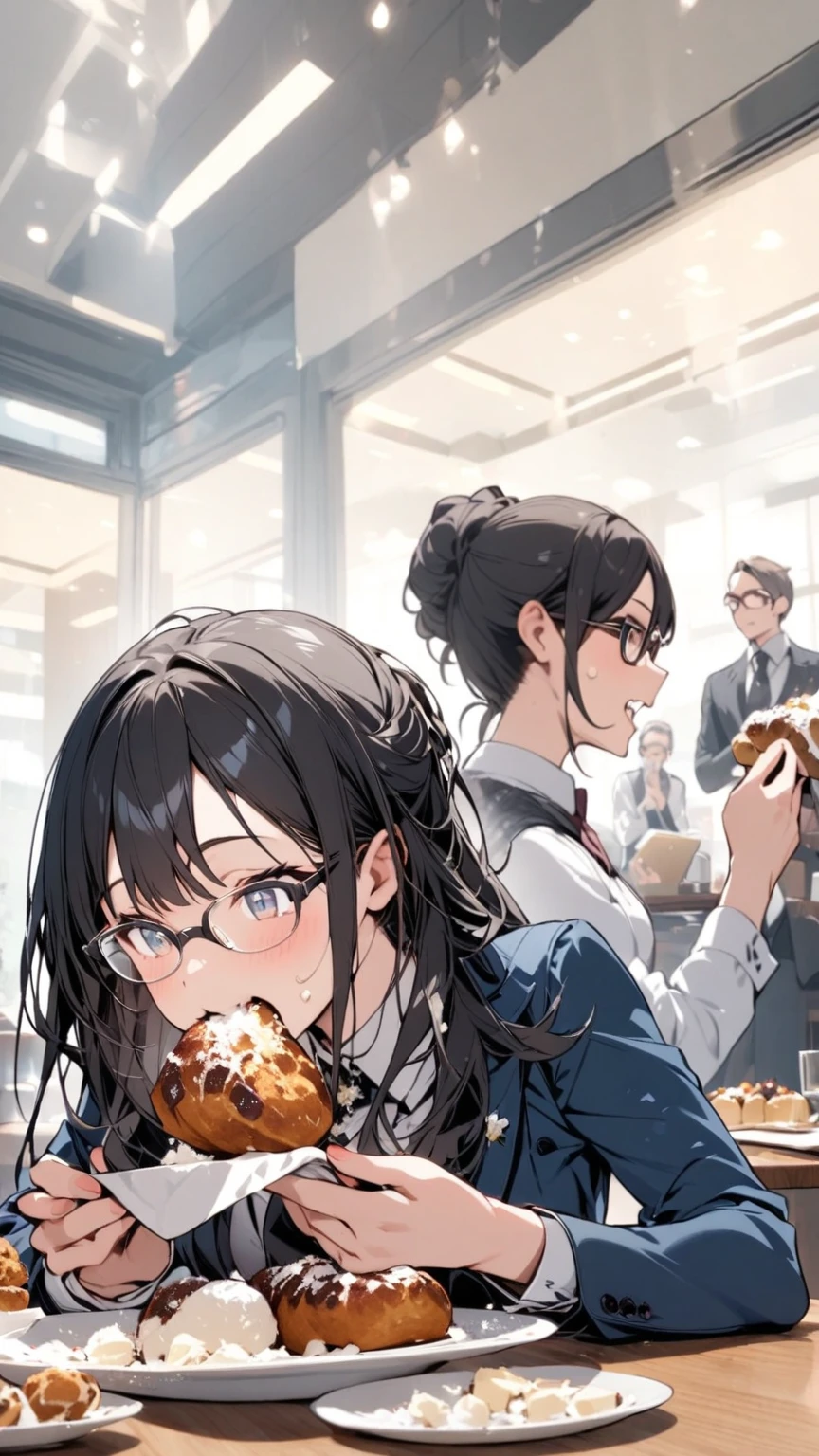 Black hair, glasses, formal clothes, table, stollen on the table, girl eating stollen