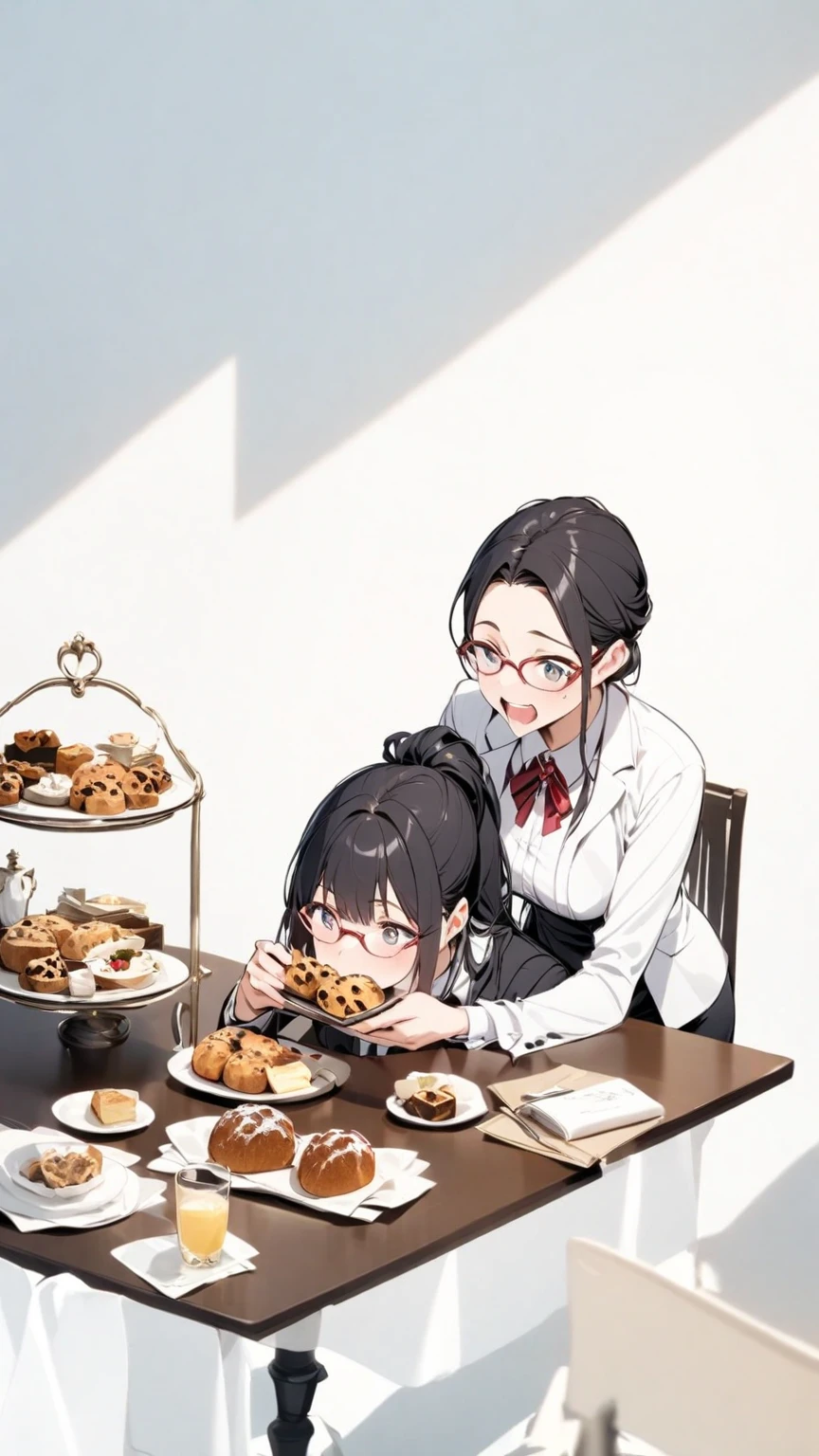 Black hair, glasses, formal clothes, table, stollen on the table, girl eating stollen