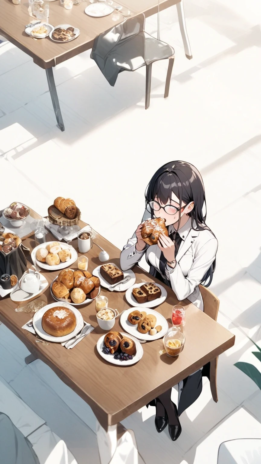 Black hair, glasses, formal clothes, table, stollen on the table, girl eating stollen