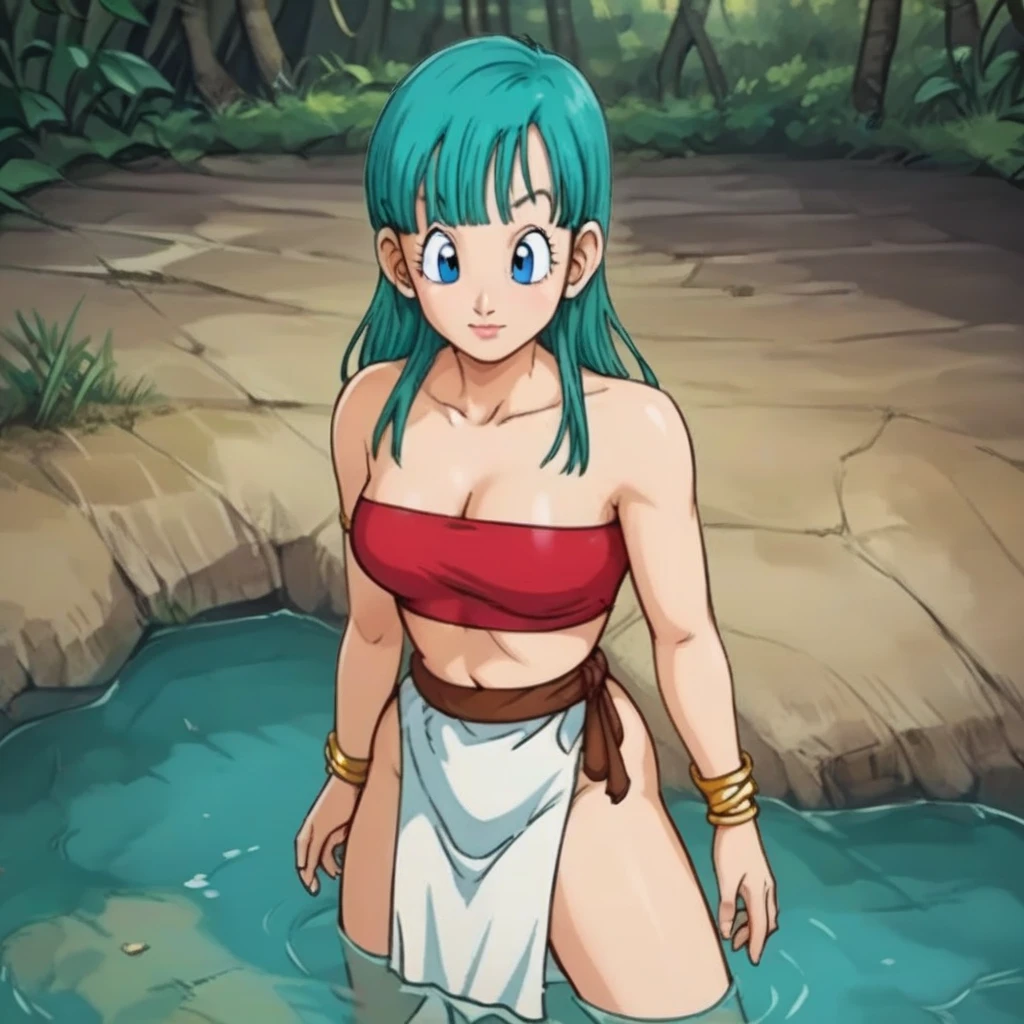   score_9,   score_8_above,   score_7_above, source_anime BREAK 1 mujer, Bulma, long hair, breasts, blows,  by the water, belly button,   bare shoulders, jewelry, earrings, Diafragma, blunt blows, bracelet, Lips,   crop top, hand on hip, strapless, makeabove,   pelvic curtain  , tube top, loincloth,  showing her armpits