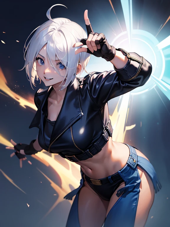 (masterpiece), best quality, expressive eyes, perfect face, highres, 1girl, solo, angelms, white hair, jacket, ahoge, fingerless gloves, midriff, hands to hips, leaning forward, smiling, fanstasy background, particles, magic, standing,cowboy shot, looking at the viewer, from front