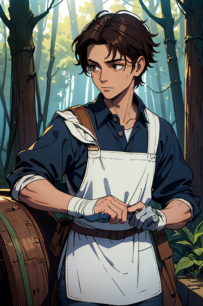 (mejor calidad, Obra maestra), mirando abajo, viento, Partícula, bosque de fondo, parte superior del cuerpo, 1 boy, ((latin skin)), ((brown hair)), (black eyes), (((white apron, blue shirt))), (bandages on hands), (scar on lip), ((on a forest, woods)), messy hair, rolled up sleeves, (goggles on head), leather gloves, ((baggy eyes)), welder tools, dark circles under the eyes, black jeans, happy, (soft smile)