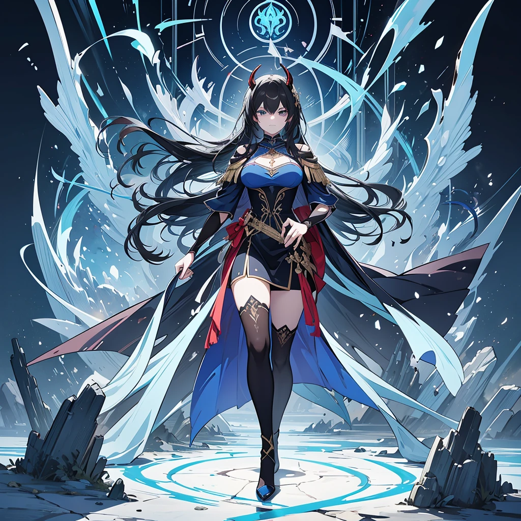 ((best quality)), ((masterpiece)), (detailed), 1girl, off-shoulder sweater, an ice sorceress with blue eyes and long black hair. she's holding her magical staff wearing a pretty armored dress