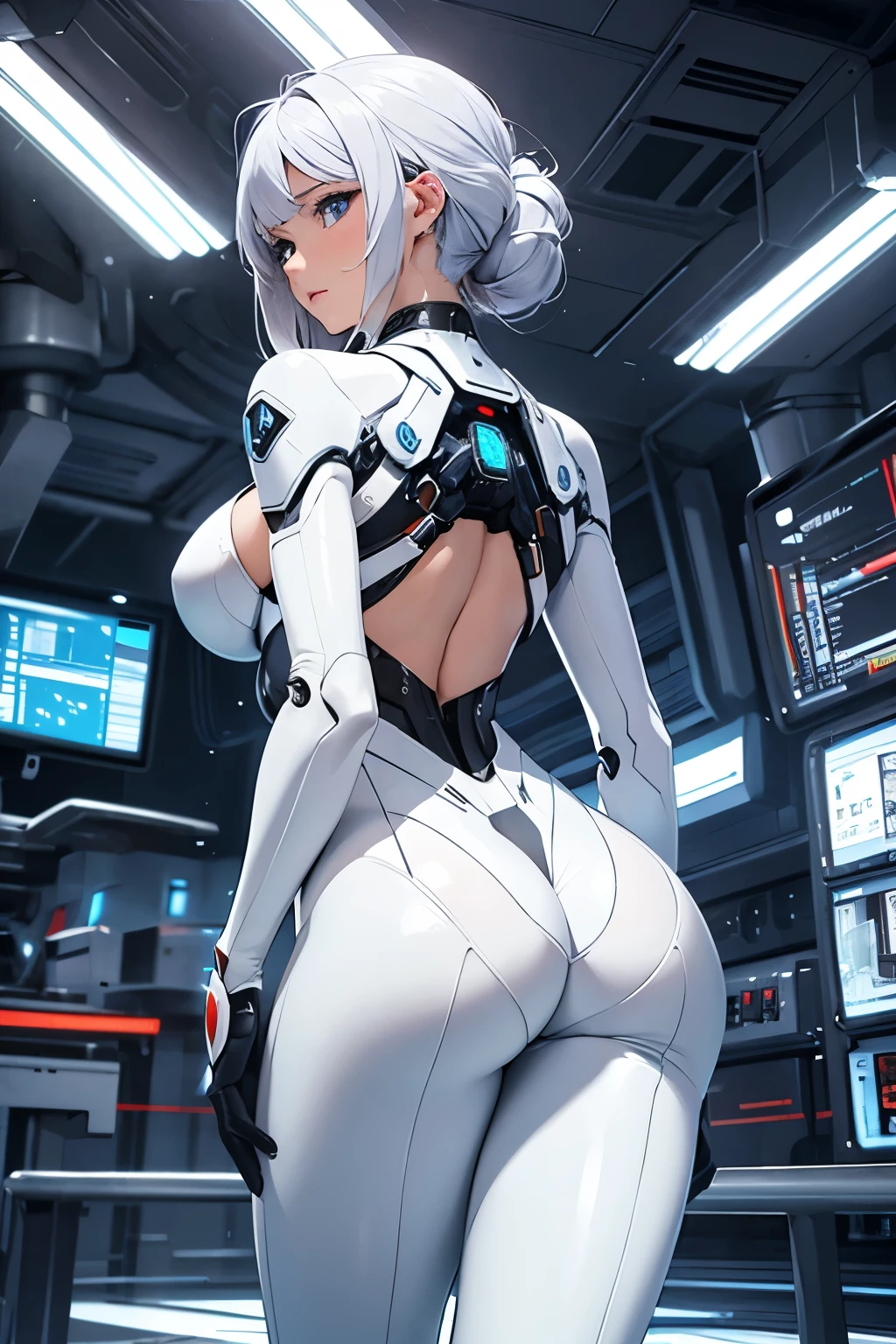 quality\(8K,Extremely detailed CG unit wallpaper, masterpiece, high resolution, top-quality, top-quality real texture skin, Surrealism, high resolution, RAW photos, Best quality, Very detailed, Light, Light line tracing, Golden Ratio\), ((nsfw)), Correct anatomy, mechanical lady, Robot girl, Doll Girl, ribbon, bunny girl, Highlight the essentials, Close-up above the waist, Close-up above the waist, (On all fours), Back, ((Stick your butt out:1.3, butt, big butt, Fleshy buttocks, Butt up, charming, Thick butt)), ((big butt, Big butt)), tights, Mechanical belt, Jeweled belt, Horological elements, Secular elements, silver, Bright silver, Silver, Anti-Light texture, Metallic, (Old inn, Shabby Room, bed, Neon lights outside the window)